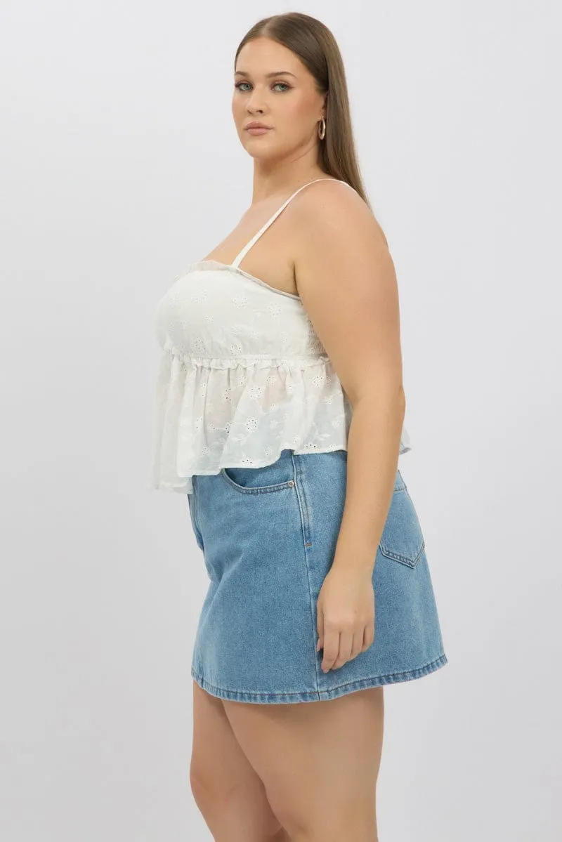 White Broderie Cami Top Ruched Bust AdjustableStraps
