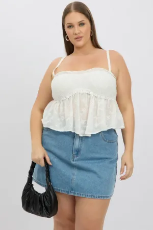 White Broderie Cami Top Ruched Bust Classic Sweater Hero Fit
