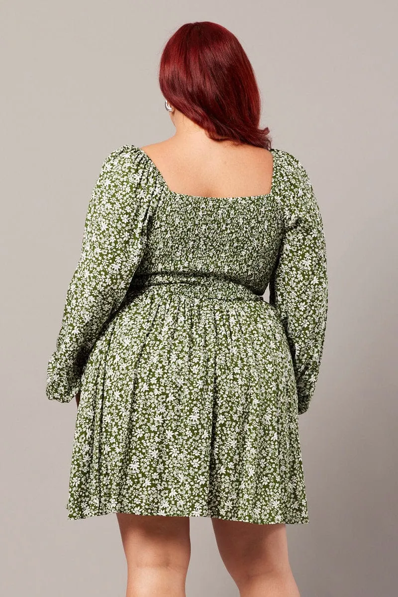 Green Ditsy Long Sleeve Tie Mini Dress Look Sharp Recycled Polyester Material