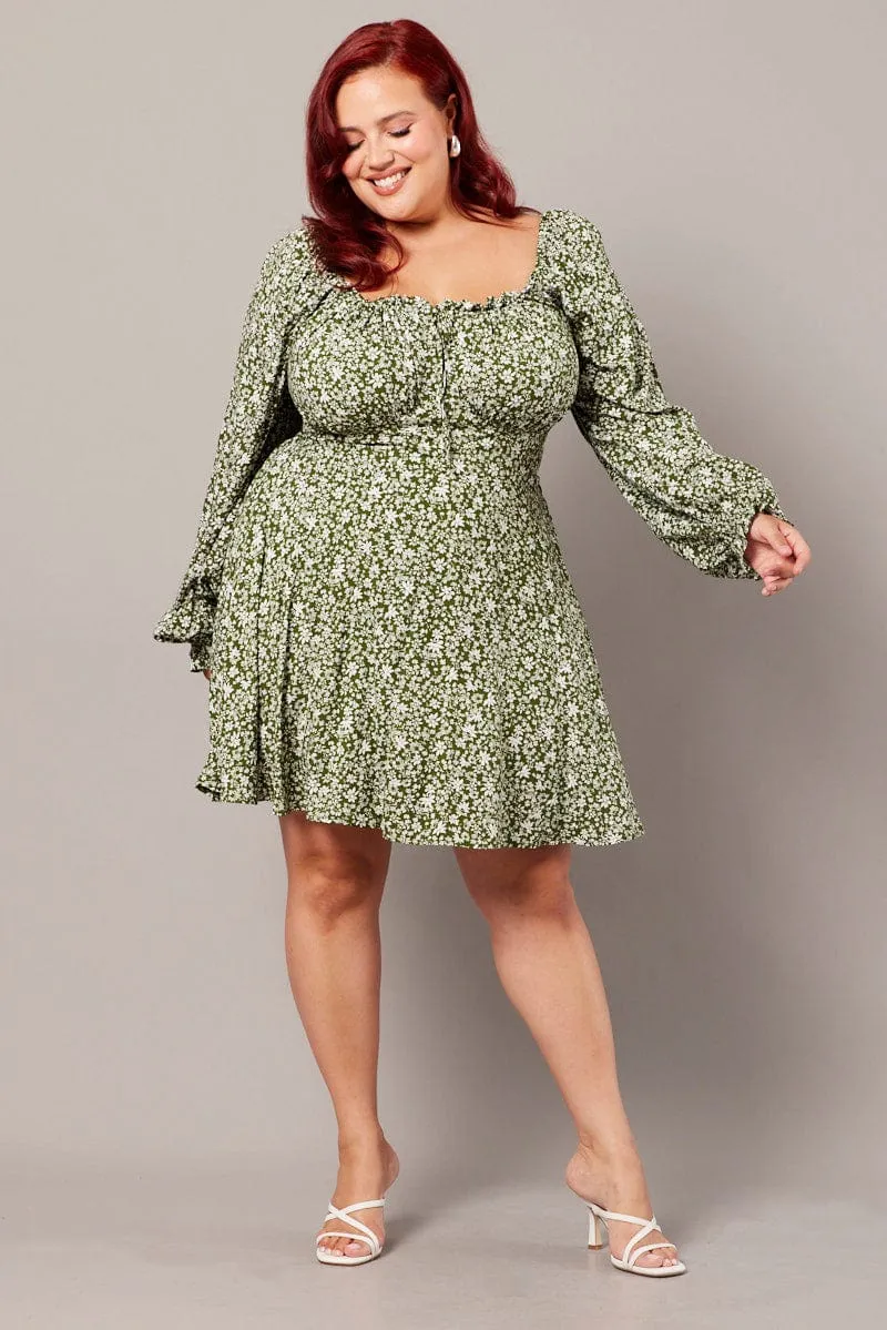 Hot Beat Green Ditsy Long Sleeve Tie Mini Dress