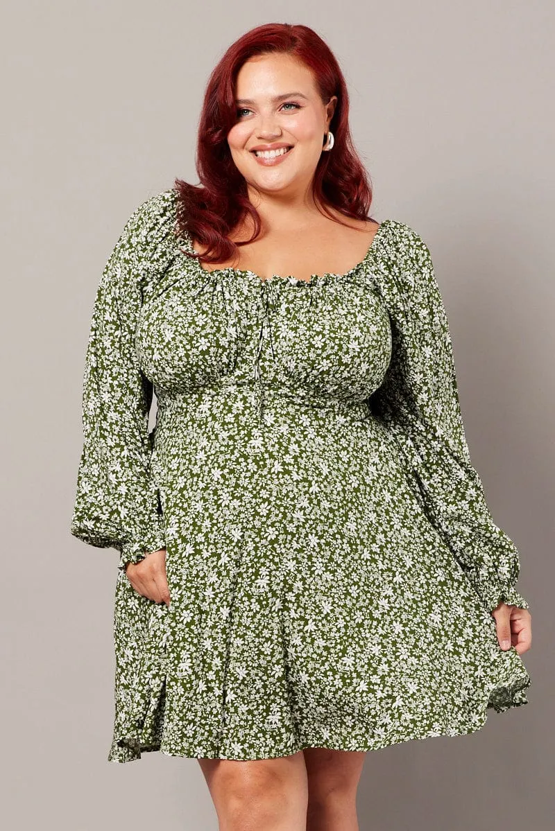 Green Ditsy Long Sleeve Tie Mini Dress Light and breezy mini Fun Edge