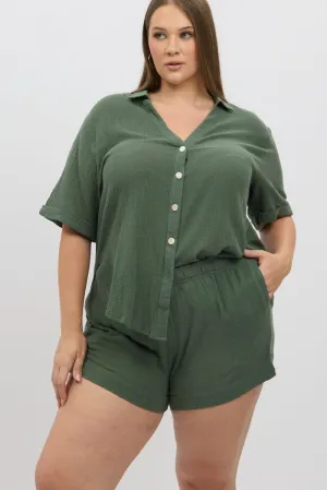 Green Elastic Waist Pull On Cotton Shorts Seasonal Fashion Vented Panels