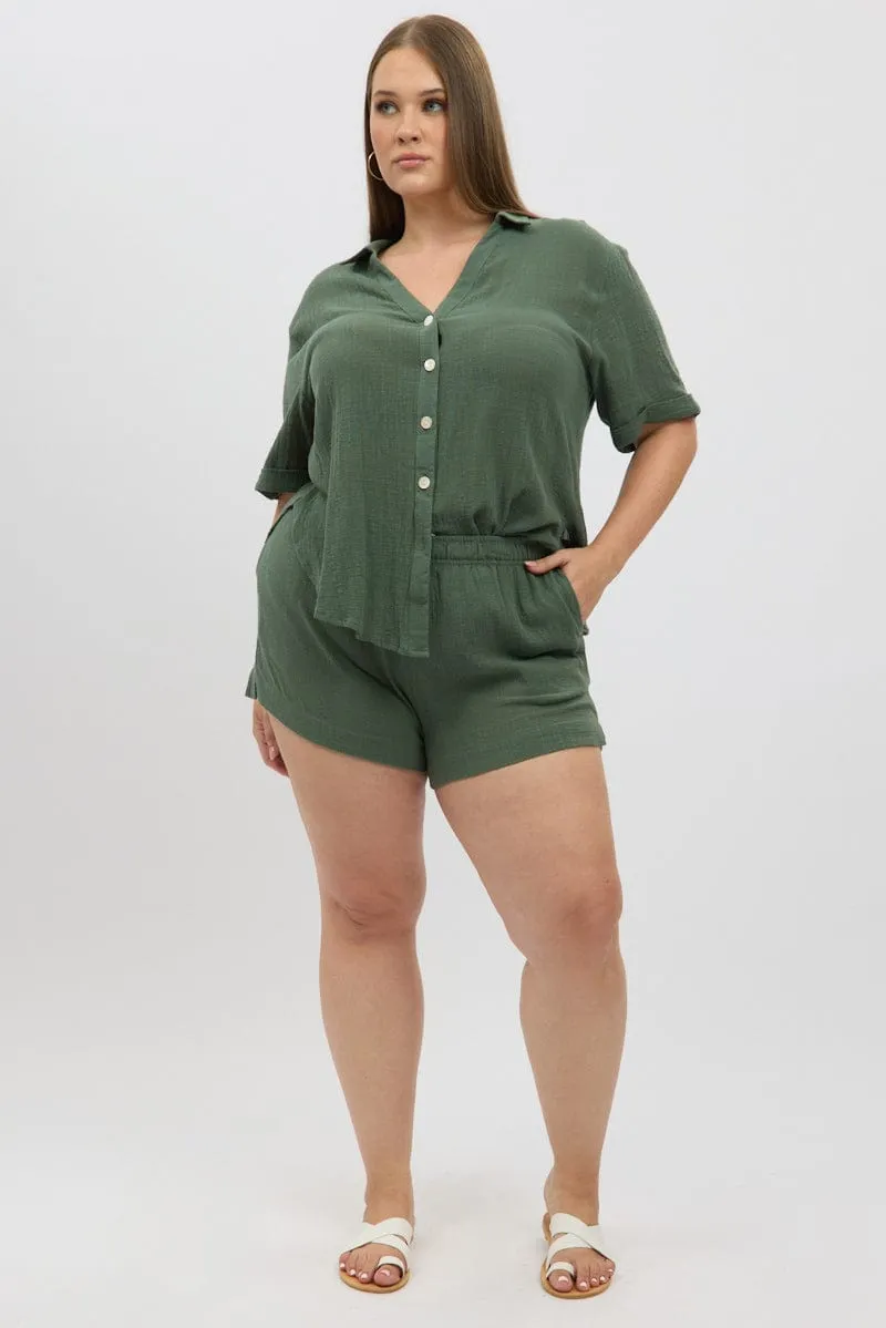 Green Elastic Waist Pull On Cotton Shorts Conscious Core SoftTouch Texture