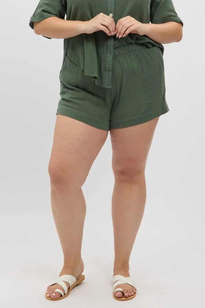Green Elastic Waist Pull On Cotton Shorts Cotton Glow Trendy Cut