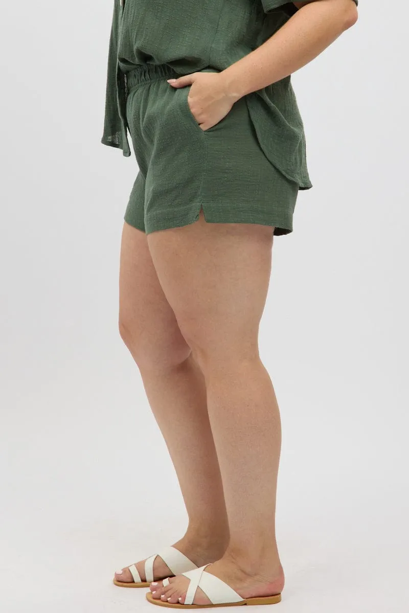 Green Elastic Waist Pull On Cotton Shorts MatteFinishTexture Conscious Core