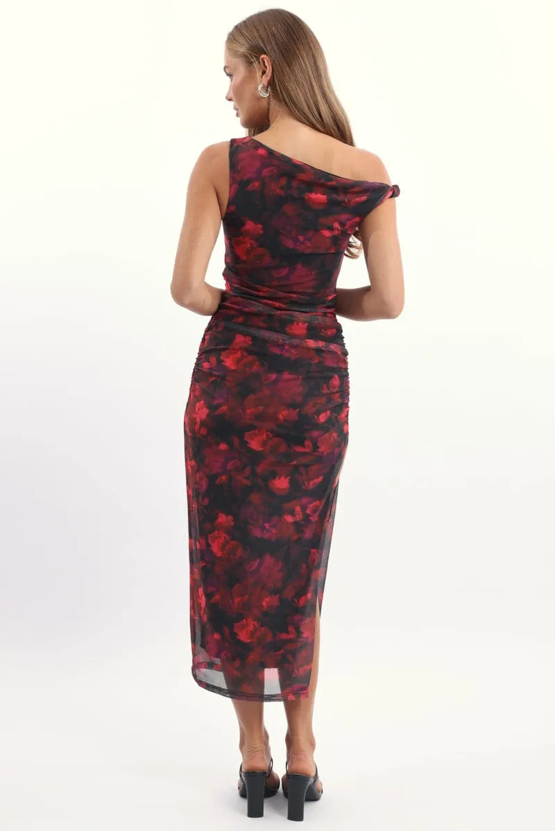 Activewear Stretchable Material Red Floral Bodycon Dress Mesh