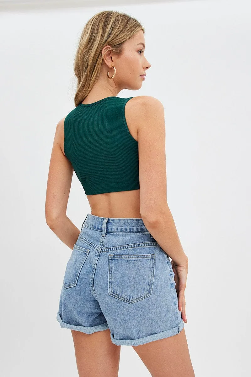 FlatlockSeaming Green Crop Tank Top Crew Neck Seamless