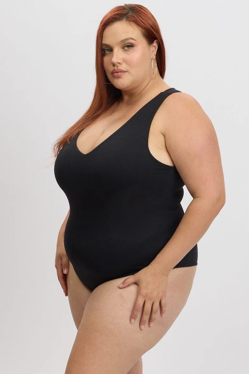 Black Bodysuit V Neck Supersoft AdjustableHemline Active Gear