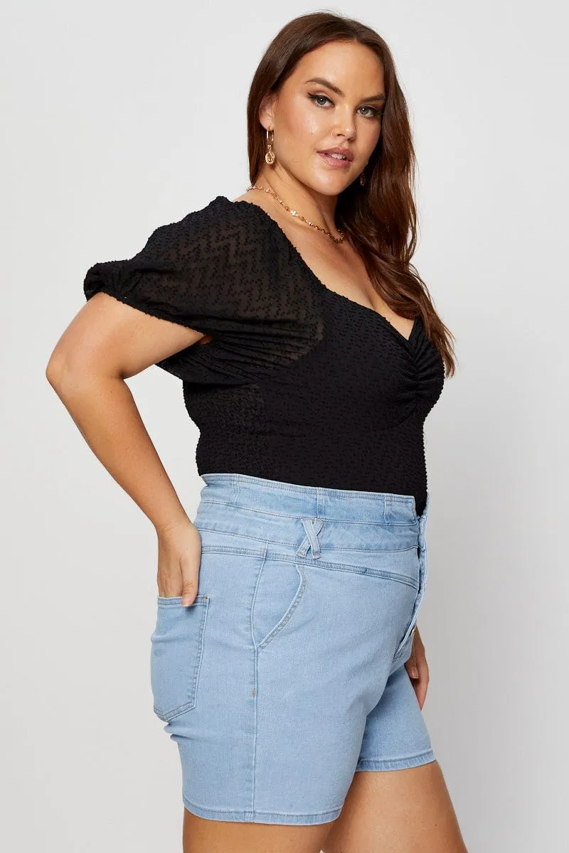 Black Ruched Bodysuit Short Sleeve Dobby Chiffon Run Glow