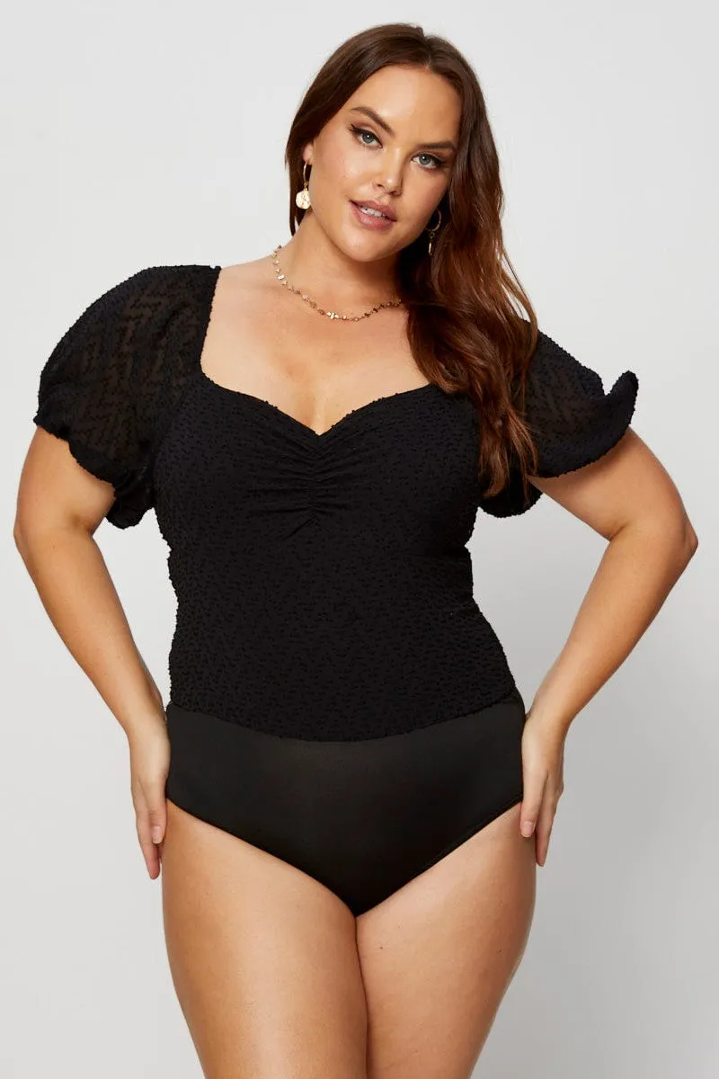 Breathable Lining Teacher Chic Black Ruched Bodysuit Short Sleeve Dobby Chiffon