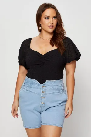 wrinkle free Smooth Edge Binding Black Ruched Bodysuit Short Sleeve Dobby Chiffon
