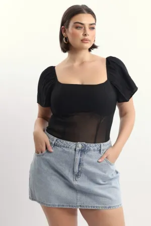 Black Short Sleeve Bodysuit SmoothZipper CompactWeave