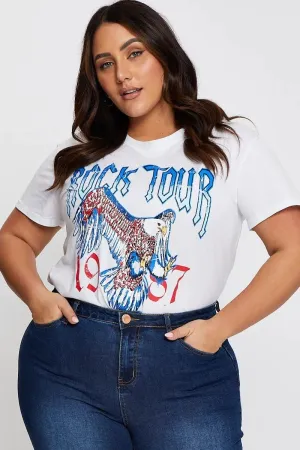 White Graphic T-shirt Rock Tour Crew Neck Short Sleeve Boat neck style Office Attire