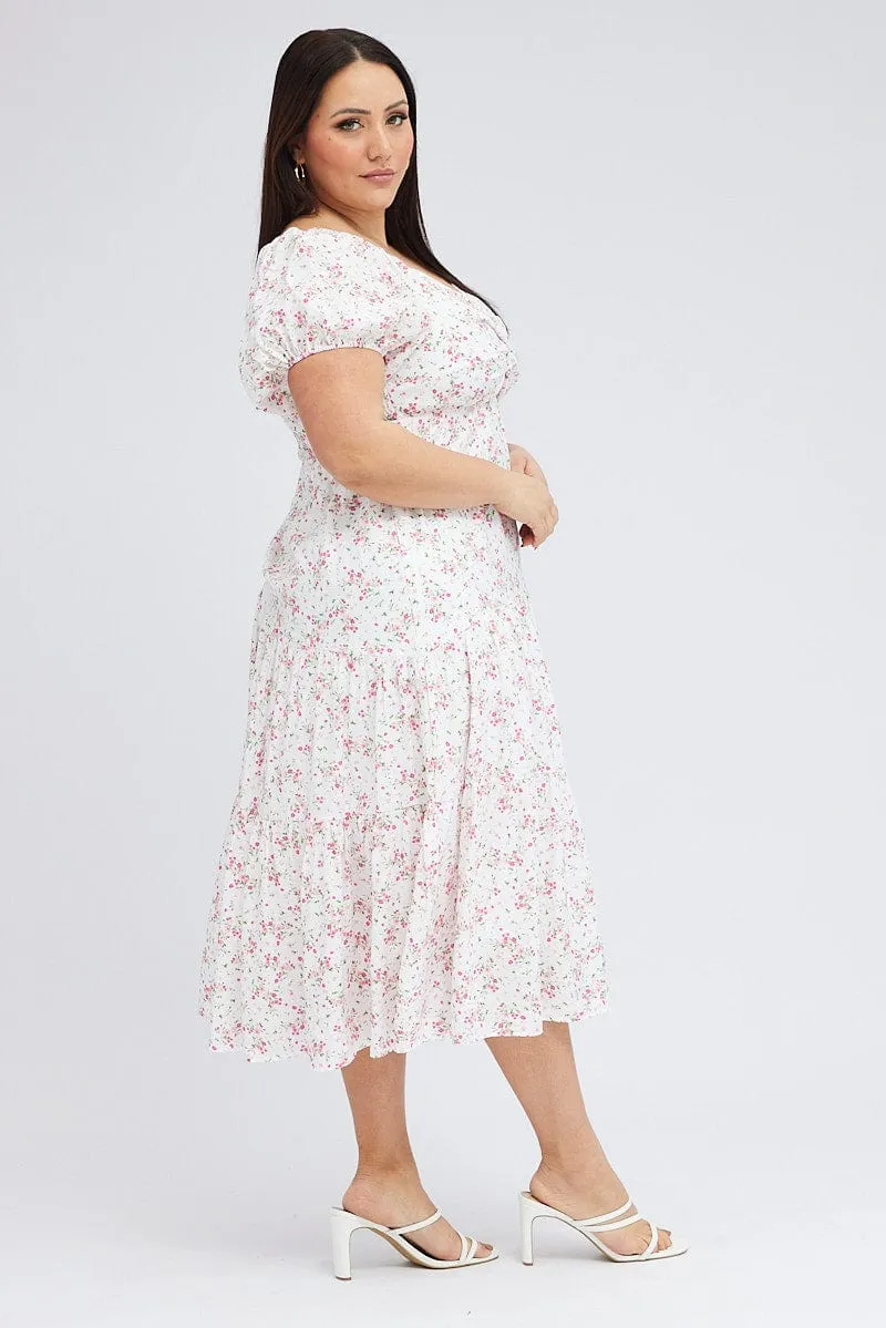Relaxed yet stylish outfit White Ditsy Midi Dress Short Sleeve Cut Out Tiered