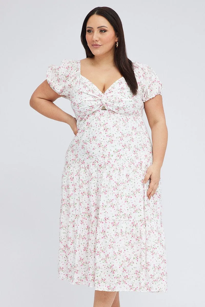 Korean Vibe White Ditsy Midi Dress Short Sleeve Cut Out Tiered