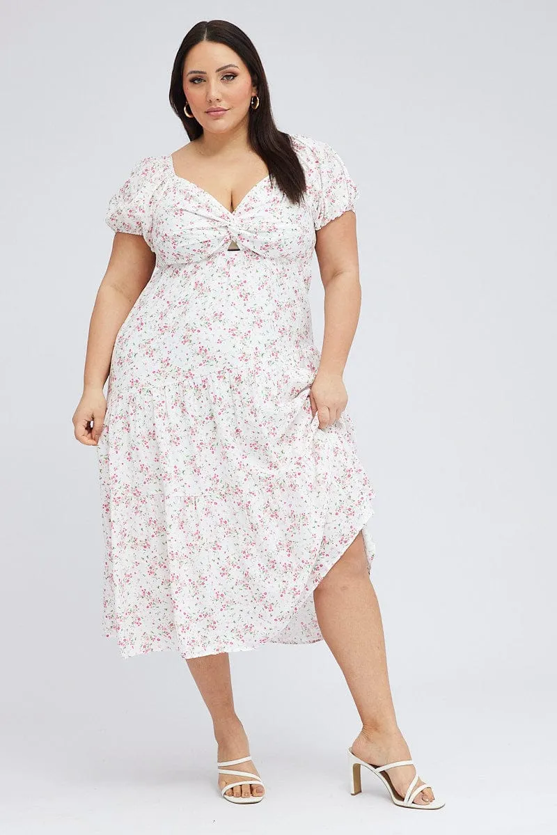 White Ditsy Midi Dress Short Sleeve Cut Out Tiered Serene Charm