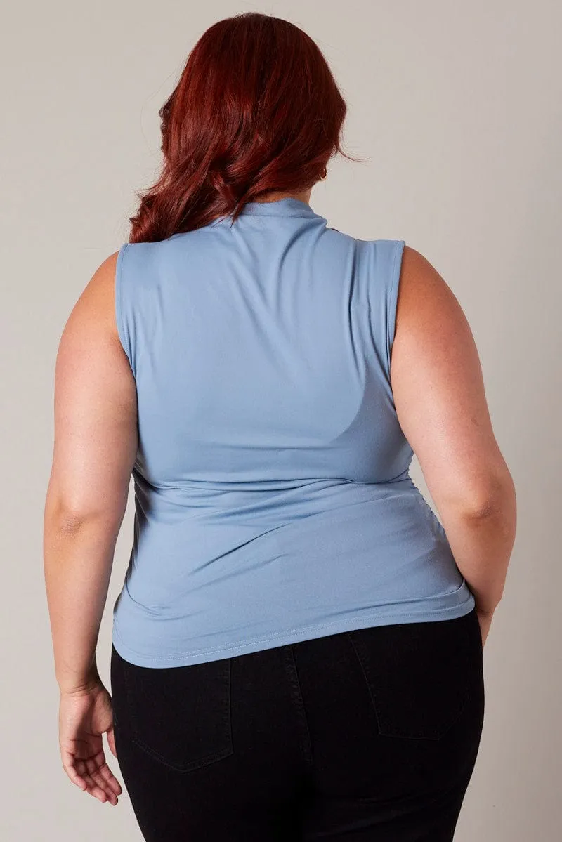 Casual Outfit HighDensityWeave Blue Tank Top Supersoft High Neck Gathered