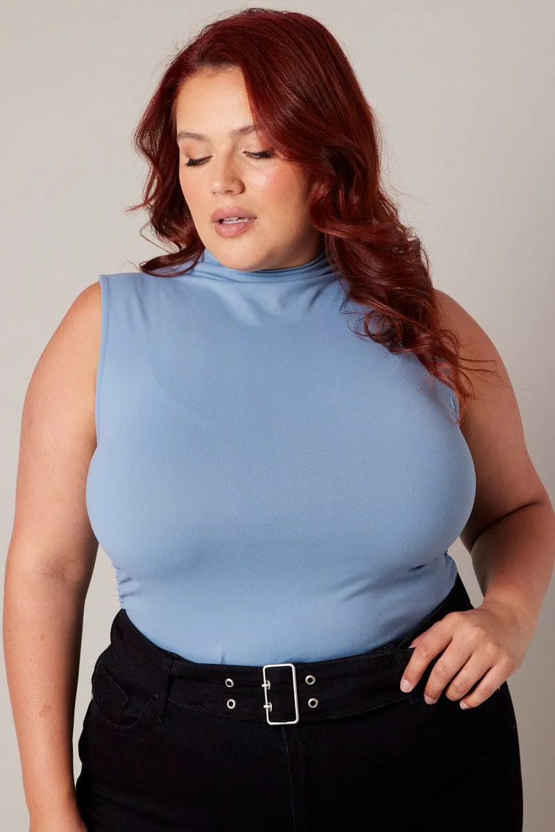VentilatedKnit Blue Tank Top Supersoft High Neck Gathered