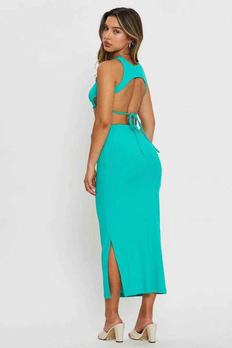 Sharp Look Personality Style Green Tie Detail Ribbed Midi Skirt