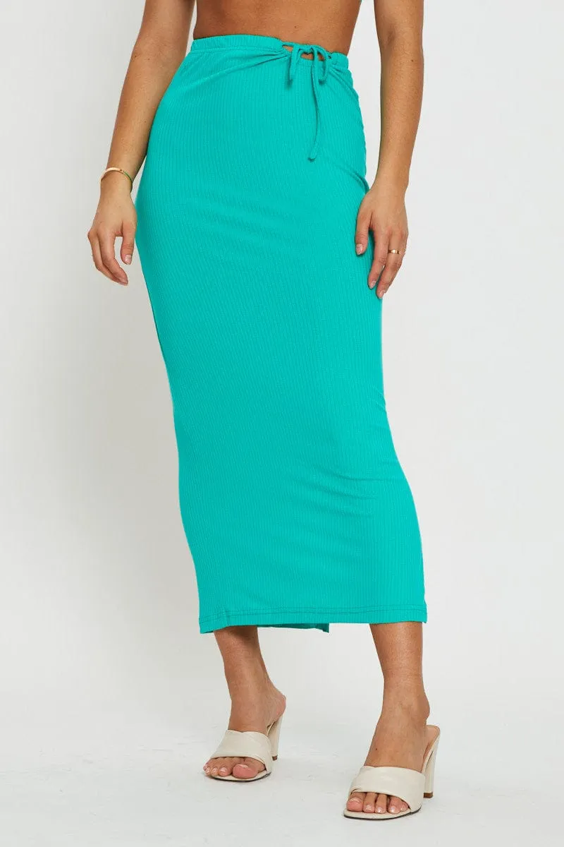 Green Tie Detail Ribbed Midi Skirt Erasable Crease Linen Cotton Mix