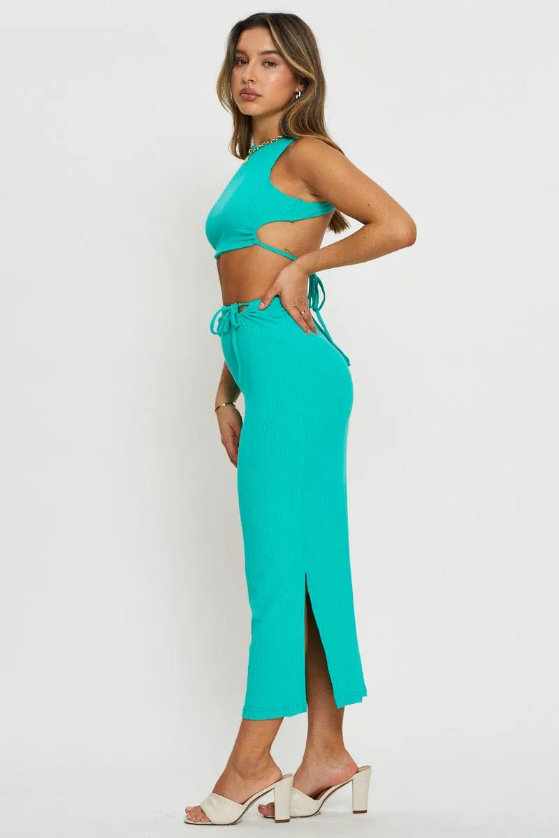 Green Tie Detail Ribbed Midi Skirt Travel Ease