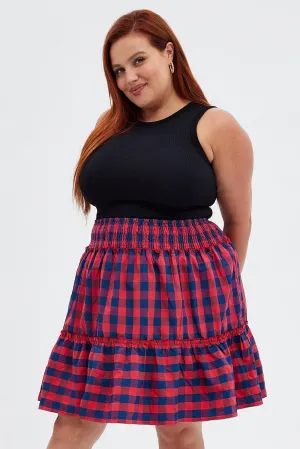 Simple Look Stripe Shirred Waist Check Skater Skirt