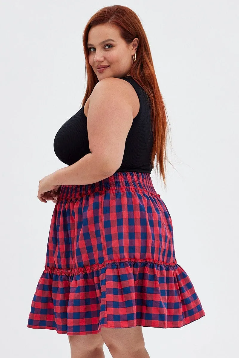 Structured silhouette Back Slit Stripe Shirred Waist Check Skater Skirt