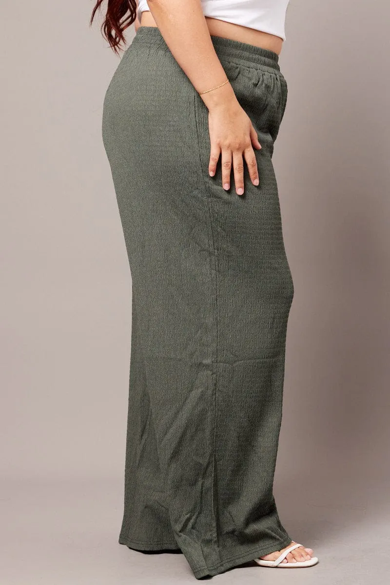 Green Wide Leg Pants Elasticated Waist Chic Design Wear HighRiseWaist