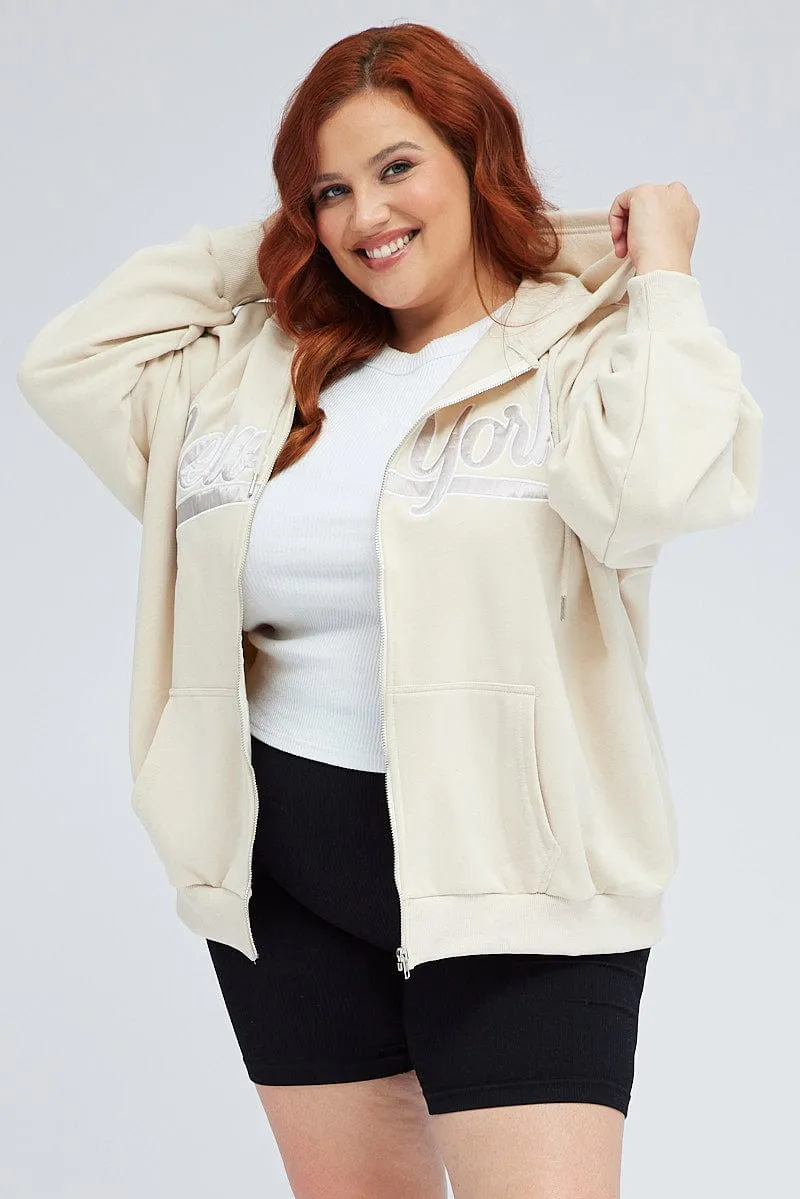 Beige Zip Up Hoodie Jacket New York Motif adults Active Wearable