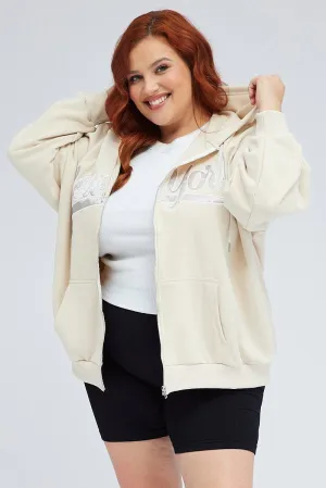 Beige Zip Up Hoodie Jacket New York Motif adults Active Wearable