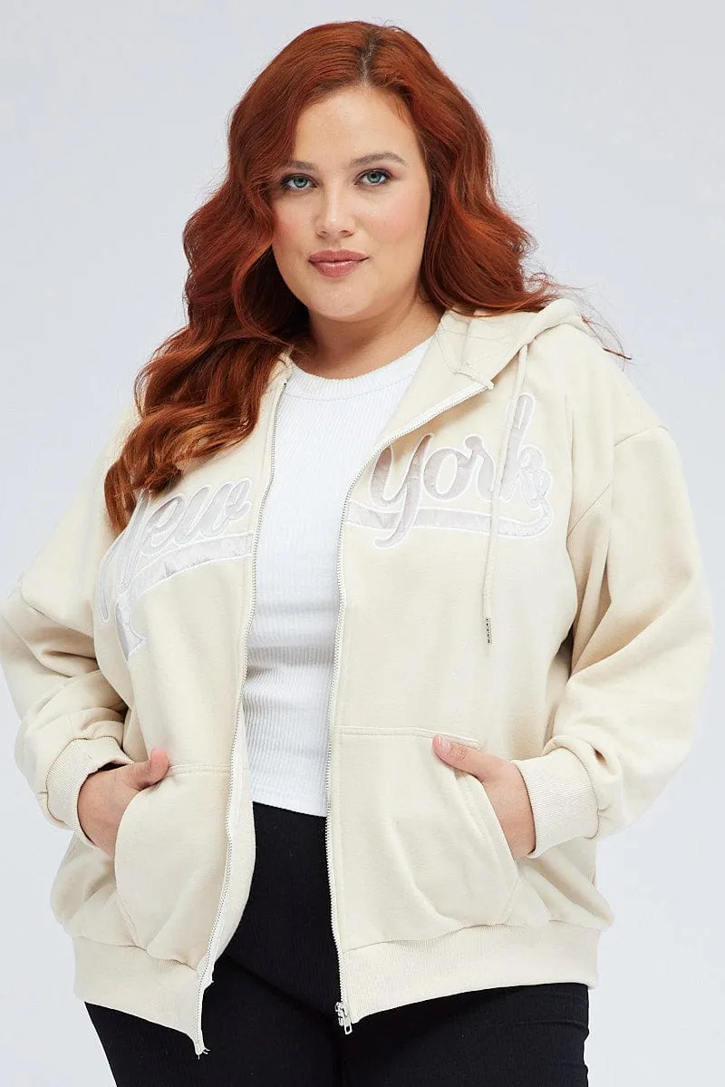 rainy day wear Beige Zip Up Hoodie Jacket New York Motif