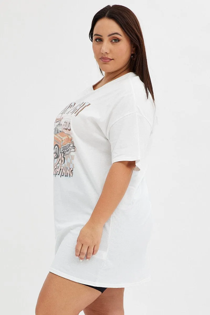 White Graphic T-shirt Car Print Oversized Cotton Rayon blend