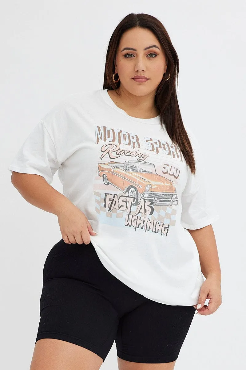 Seasonal top White Graphic T-shirt Car Print Oversized Cotton