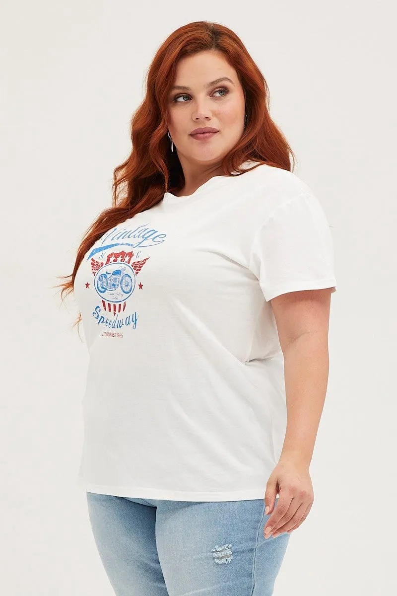 White Graphic T-shirt Speedway Short Sleeve Cotton Collared formality cotton material