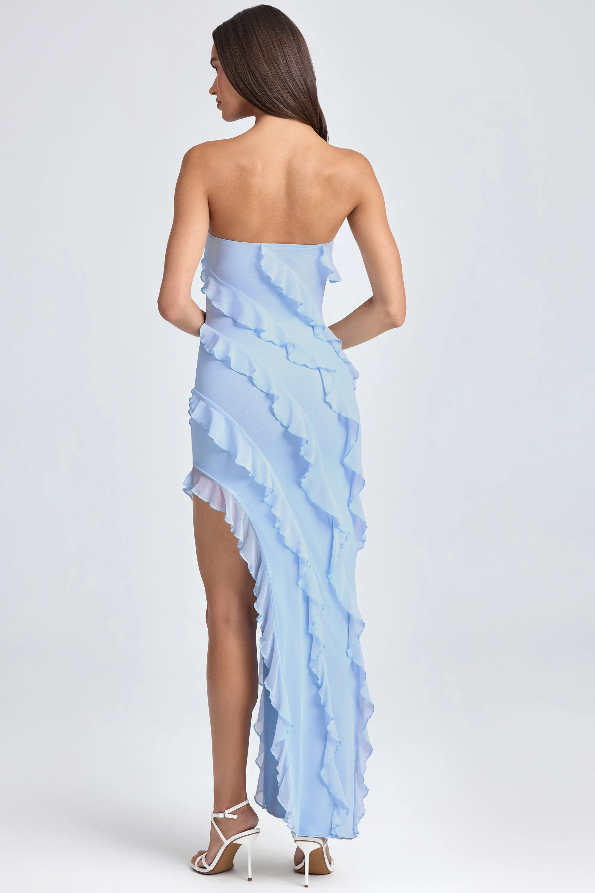Purple Mist Bandeau Ruffle-Trim Maxi Dress in Powder Blue