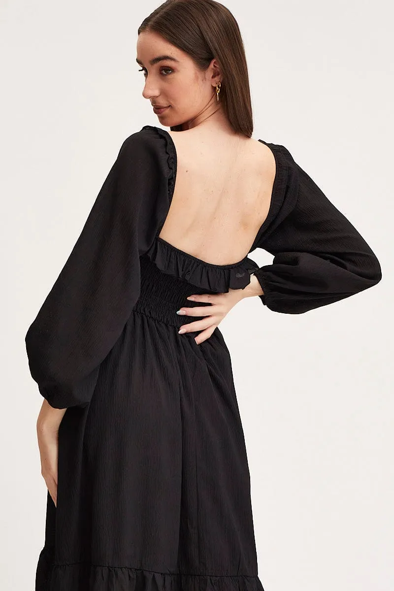 Fur Trim Black Maxi Dress Long Sleeve Square Neck