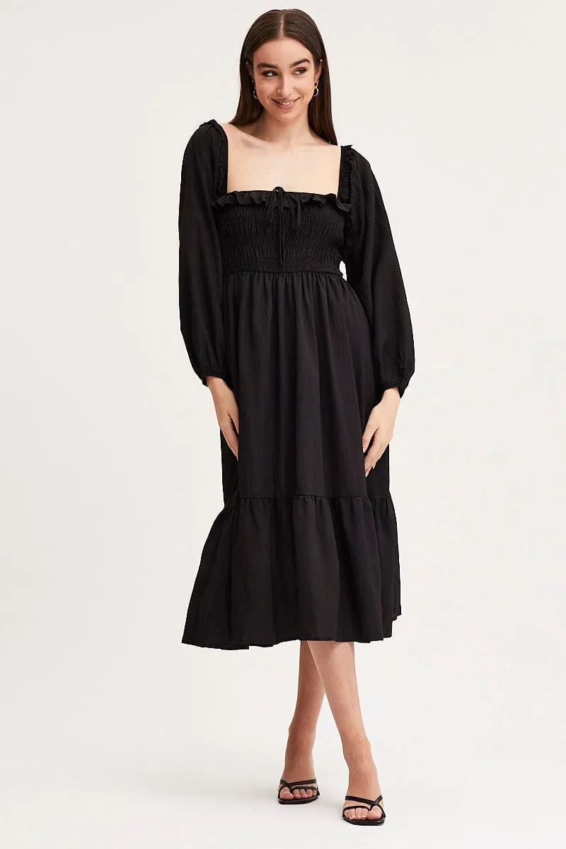 Crystal View Black Maxi Dress Long Sleeve Square Neck