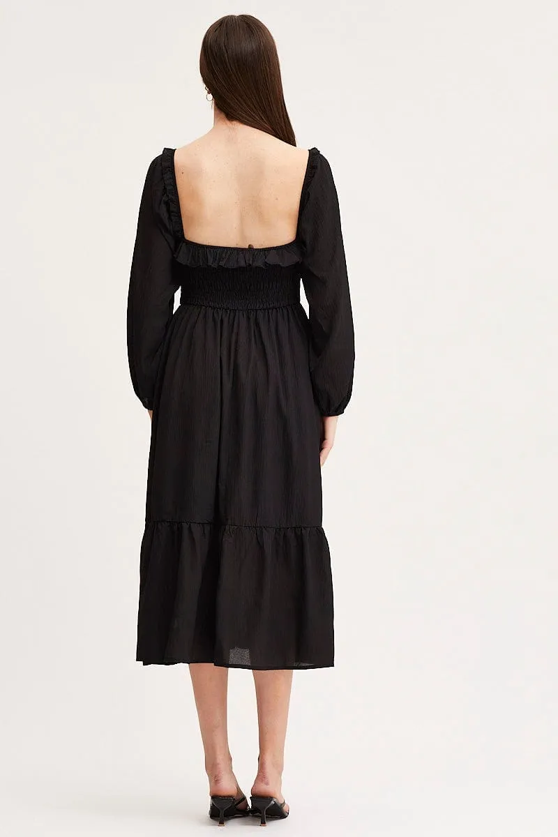 Black Maxi Dress Long Sleeve Square Neck Bohemian-inspired maxi