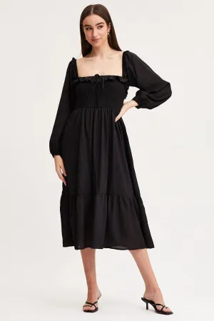 Black Maxi Dress Long Sleeve Square Neck Flower Path