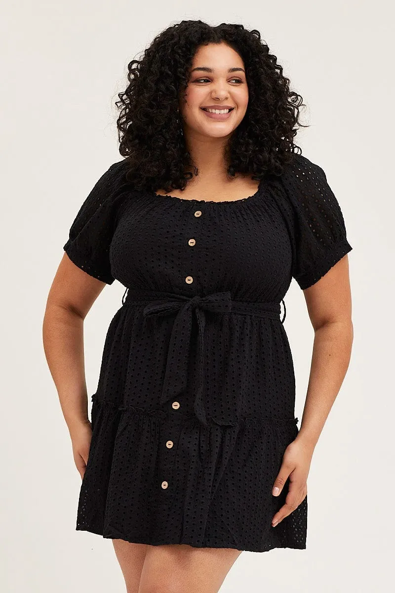 Cozy Fit Black Mini Dress Off Shoulder Short Sleeve Lace