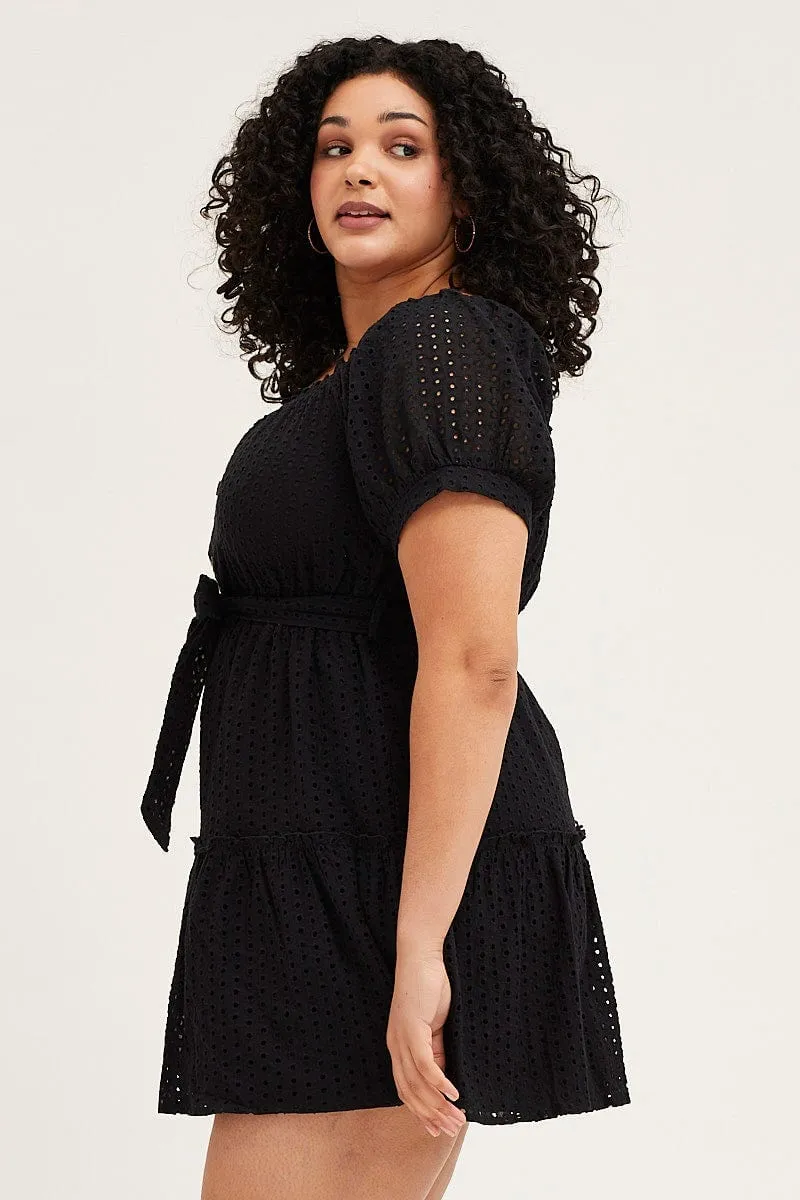 Chic Prints Black Mini Dress Off Shoulder Short Sleeve Lace