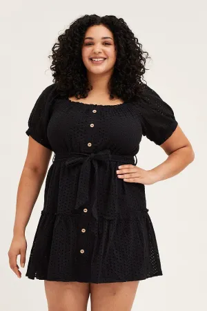 Stretch Fit Design Black Mini Dress Off Shoulder Short Sleeve Lace