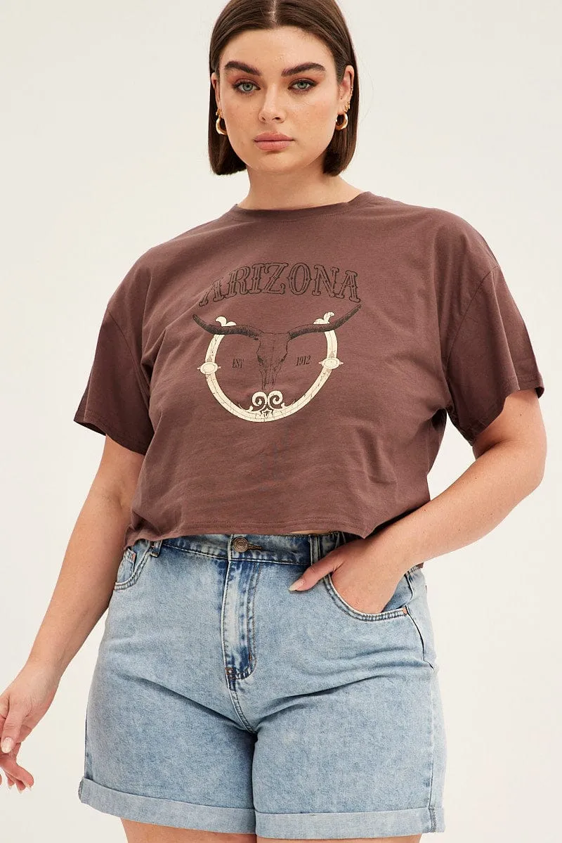 Cashmere combination coordinate with other items Brown Short Sleeve Arizona Cow Skull T-shirt