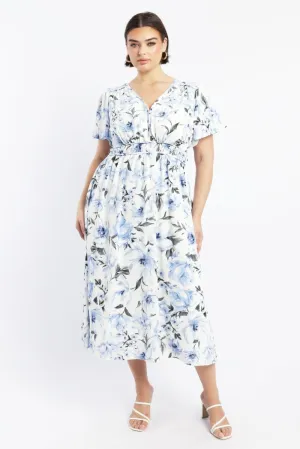 Blue Floral Midi Dress Short Sleeve V-Neck Floral Season Flow