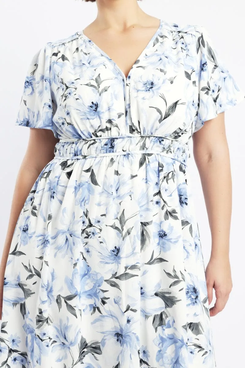 trendy details Blue Floral Midi Dress Short Sleeve V-Neck Floral