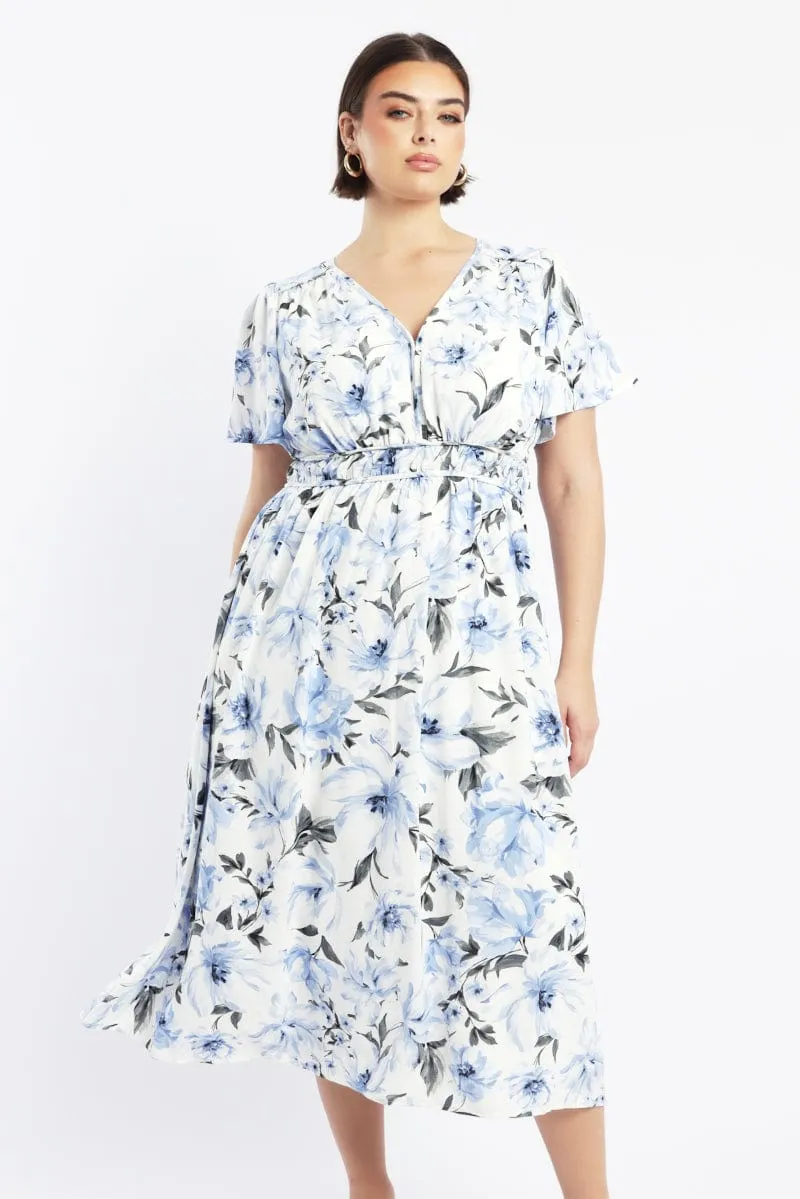 Blue Floral Midi Dress Short Sleeve V-Neck Floral Korean Vibe Work Ready Outfit