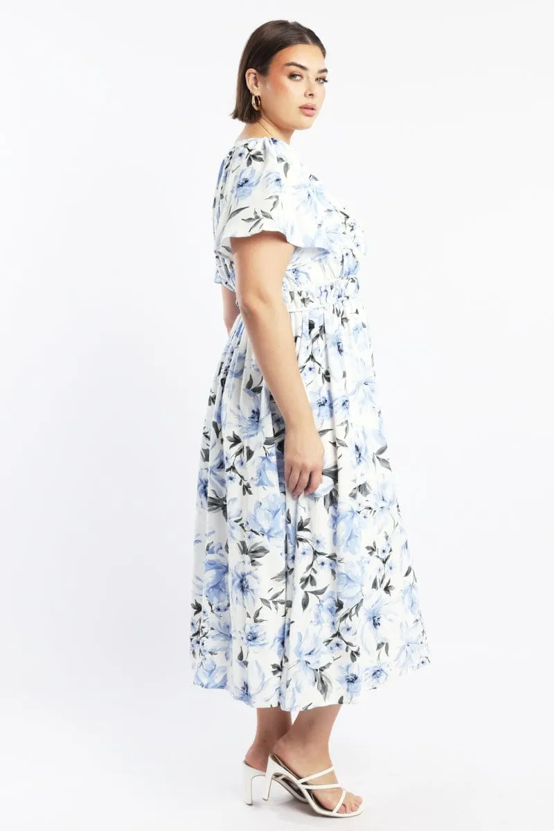 Classic outdoor midi Blue Floral Midi Dress Short Sleeve V-Neck Floral