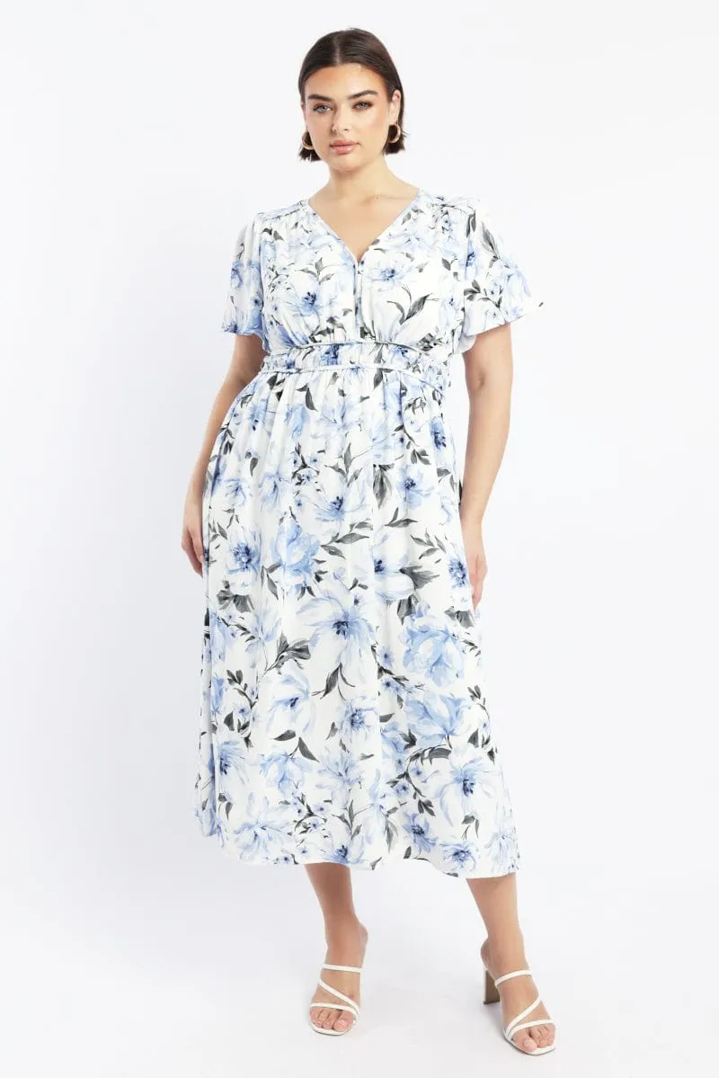 Blue Floral Midi Dress Short Sleeve V-Neck Floral Season Flow