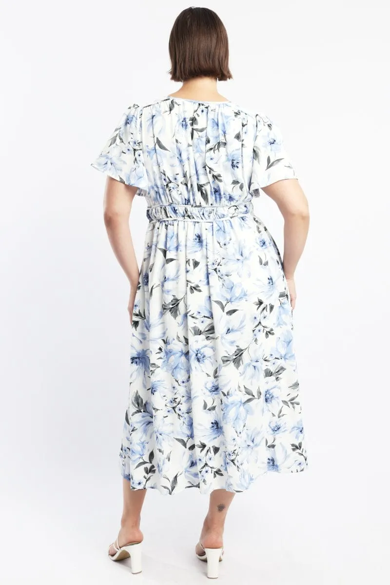 Blue Floral Midi Dress Short Sleeve V-Neck Floral Bridge Walk Timeless silhouette