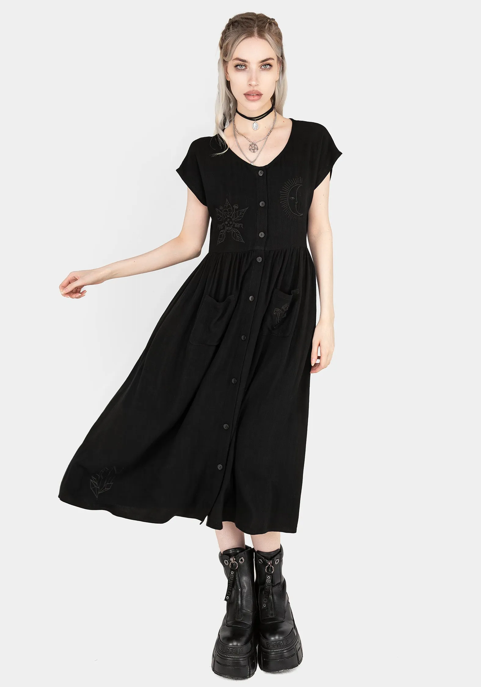Scutellaria Embroidered Button Up Midi Dress Lavender Hill Reef View